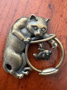 Vintage Brass Cat with Fishbowl Brooch